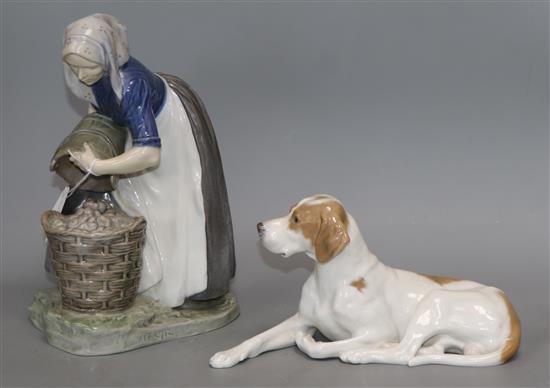 Two Royal Copenhagen figures of a farm maiden and a hound